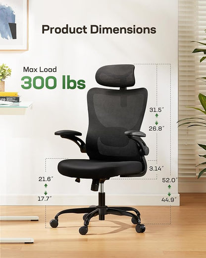 Marsail Ergonomic Office Chair with Headrest Mesh Office Computer Desk Chair with Adjustable Lumbar Support Rolling Work Swivel Task Chairs with Wheel 3D Armrests