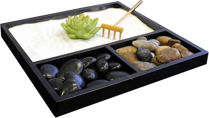 Nature's Mark Mini Zen Garden Kit for Desk with Rake, White Sand, Lotus Figure, 3 Sections Black Square Base, River Rocks and Black Rocks (9Lx9W C)