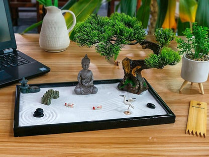 Japanese Zen Garden Kit for Desk - Meditation Rock Sand Garden for Birthday Gift Office Home Desktop Relaxation Decor Bamboo Rakes Bonsai Tree Pagoda Accessories Tools Kits