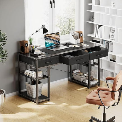 ODK Office Small Computer Desk: Home Table with Fabric Drawers & Storage Shelves, Modern Writing Desk, Black, 48"x16"