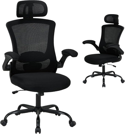 Ergonomic Mesh Office Chair, High Back Executive Desk Chair with Adjustable Headrest and Lumbar Support, Flip-Up Arms, Rocking, Swivel Rolling Computer Mesh Chair for Home Office-All Black