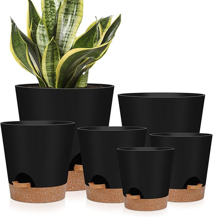 Indoor Self Watering Planters with Drainage Holes and Saucers, 8, 7, 6.5, 6, 5.5, 5 Inches, Black, 6 Pots