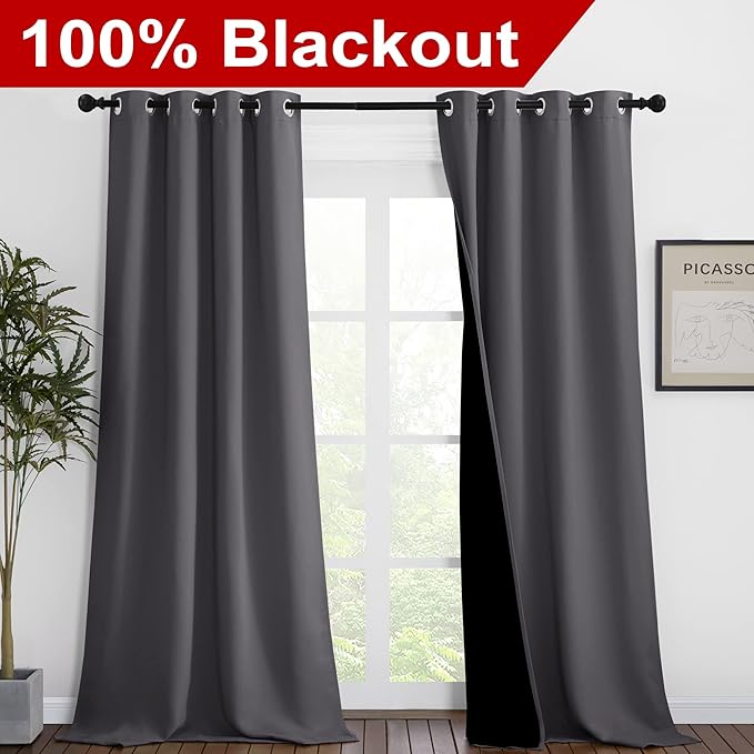 NICETOWN 100% Blackout Blinds, Set of 2, 46" x 96", Laundry Room Decor Window Treatment Curtains for Large Patio Sliding Door, Thermal Insulated Grey Curtains for Bedroom