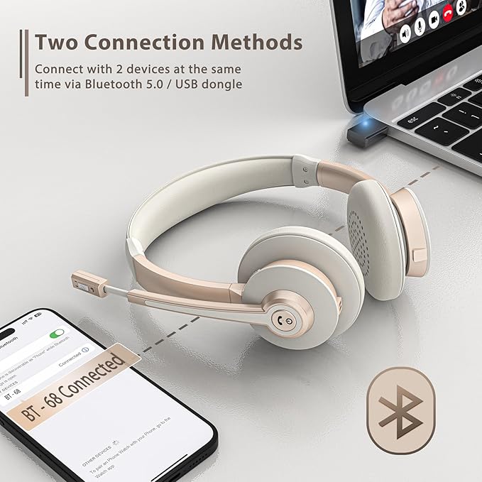 Wireless Headset, Bluetooth Headset with Microphone, AI Noise Canceling Mic & USB Dongle, Wireless Headphones with Mic Mute & Charging Base for Work from Home/Office/Call Center/PC/Laptop/Zoom