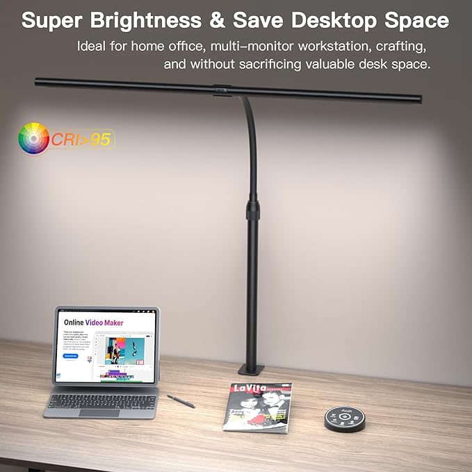 Desk Lamp for Home Office, Desk Light with Remote Control, Monitor Light with Telescopic Rod, Gesture Sensing Office Lamp, Architect Desk Lamp, Adjustable Brightness & Color Temperature, 24W