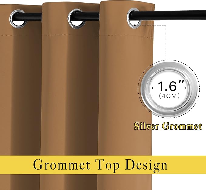 NICETOWN Bedroom Curtains 63 inch Length 2 Panels - Grommet Top Blackout Room Darkening Sound Reduction Privacy Thermal Drapes for Flat/Laundry, Gold Brown, W52 x L63