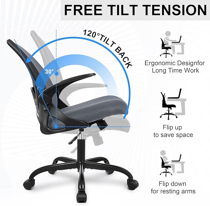 Primy Office Chair Ergonomic Desk Chair with Adjustable Lumbar Support and Height, Swivel Breathable Desk Mesh Computer Chair with Flip up Armrests for Conference Room（Dark Gray）