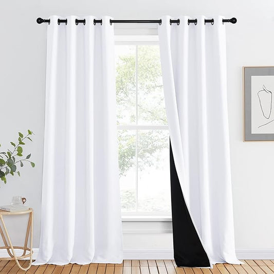 NICETOWN 100% Blackout Window Curtain Panel, Cold and Full Light Blocking Drape with Black Liner for Nursery, 90 inches Drop Thermal Insulated Draperies (White, 1 Piece, 46 inches Wide Each Panel)