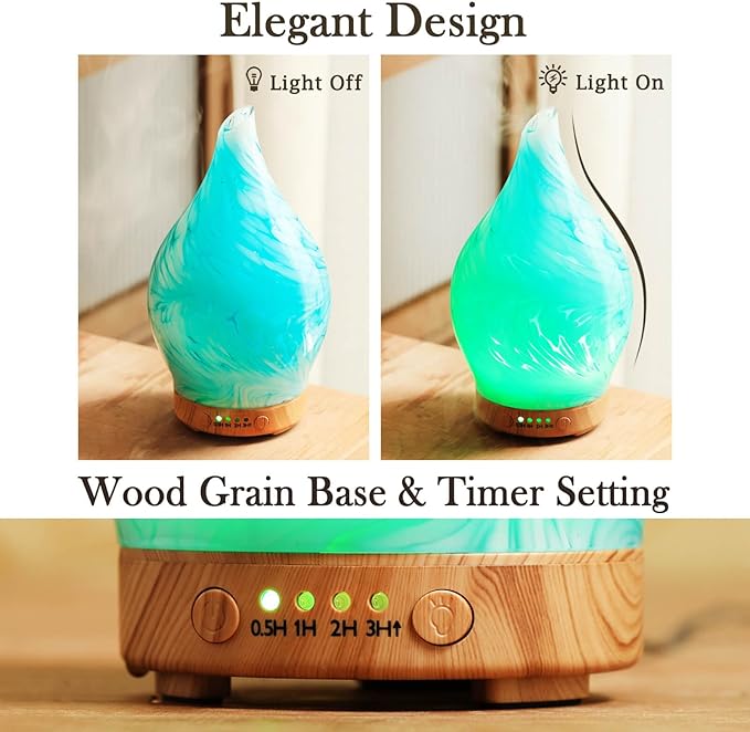 Porseme 100ml Essential Oil Diffuser Glass Color Changing Aroma Air Diffusers Aromatherapy Ultrasonic Cool Mist Humidifier 4 Running Hours Waterless Auto-Off for Sleeping Yoga Office Spa (Blue Wave)