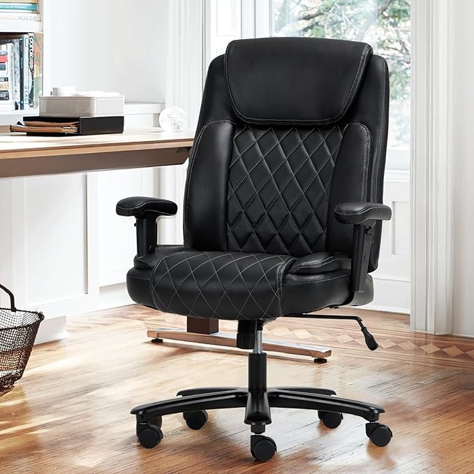 COLAMY Big and Tall Office Chair 400lbs - Ergonomic High-Back Leather Executive Desk Chair with Padded Lumbar Support, Adjustable Arms, Wide Seat, Swivel Rolling for Heavy People, Black