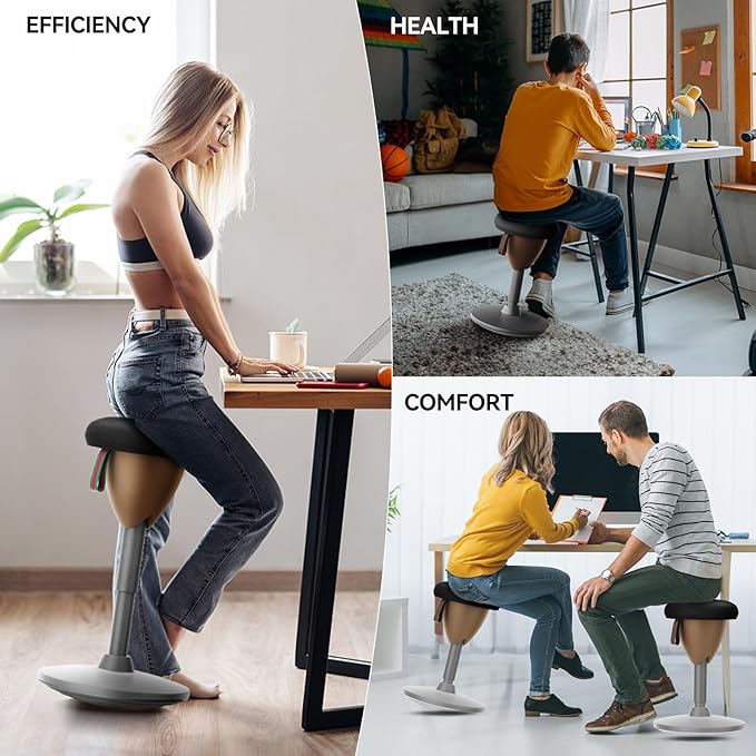 Wobble Stool Standing Desk Stool, Adjustable Height Standing Desk Chair for Office Desks and Classrooms, 360° Balance Stool with Rocking Motion, Non-Slip Base, Portable Stools (Black-Brown)