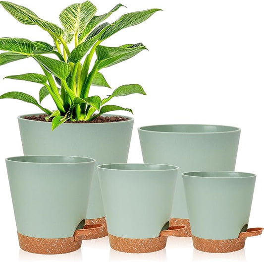 Planters for Indoor Plants 7/6.5/6/5.5/5 Inch, Self Watering Planters with Drainage Holes and Saucers 5 Pack Plastic Pots for Plants, Succulents, Herbs, Cactus, Flower Pots, Green