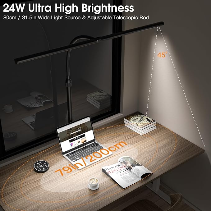 Desk Lamp for Home Office, Desk Light with Remote Control, Monitor Light with Telescopic Rod, Gesture Sensing Office Lamp, Architect Desk Lamp, Adjustable Brightness & Color Temperature, 24W