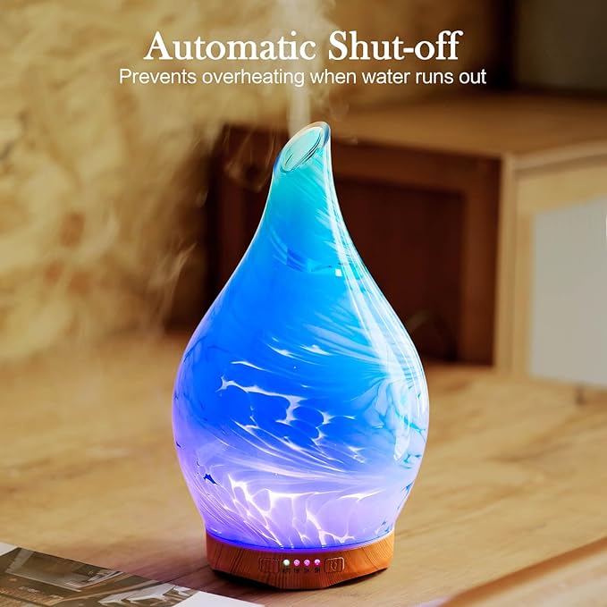 Porseme 280ml Essential Oil Diffuser Glass Color Changing Aroma Air Diffusers Aromatherapy Ultrasonic Cool Mist Humidifier 7 Running Hours Waterless Auto-off for Sleeping, Yoga, Office, Spa(Blue Wave)