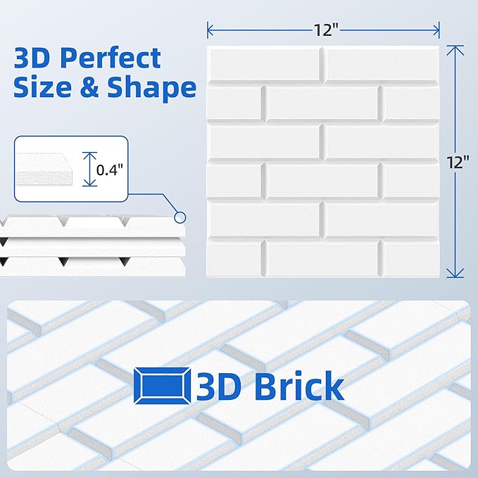 20 Pack Acoustic Panels with Self Adhesive, 12" X 12" X 0.4" High Density Sound Proof Foam Panels for Walls, Soundproof Wall Panels, Brick Sound Absorbing Panels for Home Studio Office Decor - White