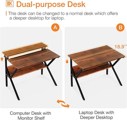 ODK Small Desk, 27.5 Inch Small Computer Desk for Small Spaces, Compact Desk with Storage, Tiny Desk Study Desk with Monitor Stand for Home Office, Espresso