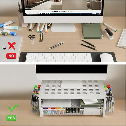 gianotter Monitor Stand Riser, Desk Organizer with Drawer and Pen Holder, 2-Tier Computer Stand, Desk Accessories & Workspace Organizers(White)