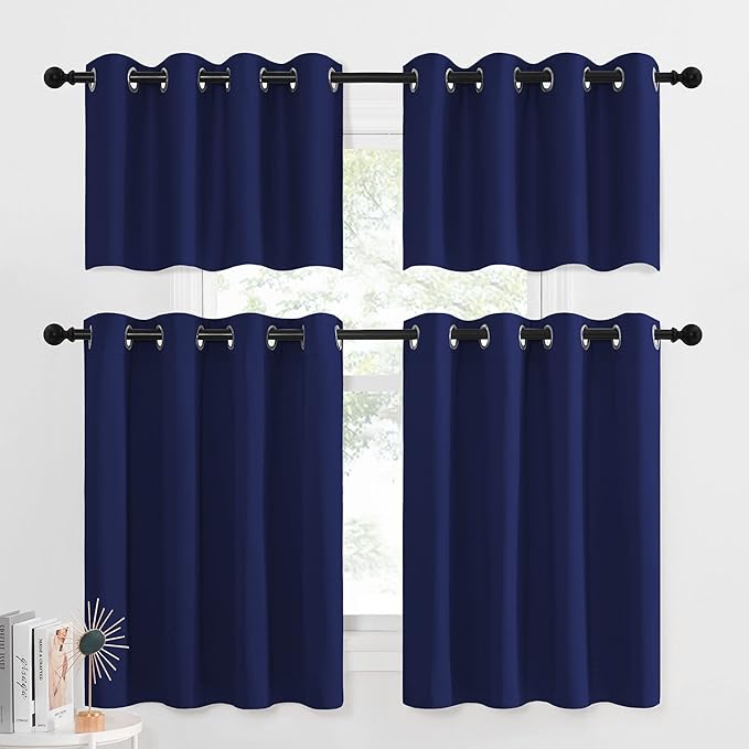 NICETOWN Small Kitchen Window Drapes - Thermal Insulated Blackout Window Curtains Grommet Panels for Dorm/Bathroom (2 PCs, Navy Blue, 52 Width x 36 inches Length 1.2 inches Header)