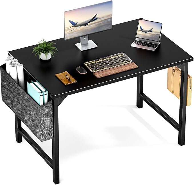 OLIXIS Small Computer Desk 40 Inch Home Office Work Study Writing Student Kids Bedroom Wood Modern Simple Table with Storage Bag & Headphone Hooks, Black