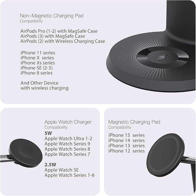 3-in-1 Wireless Charging Station for Apple Devices - Fast Charging Station for iPhone and Watch with MagSafe, Stable Charger Stand for iPhone 12-16 & iWatch & AirPods