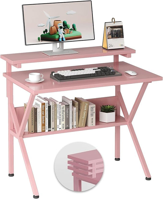 COTUBLR Small Desk, 27.5 Inch Small Computer Desk for Small Spaces, Computer Desk with Adjustable Monitor Stand, Compact Desk with Storage, Tiny Desk Study Desk for Bedroom Home Office, Pink