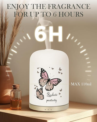 110ML Essential Oil Diffuser, Ceramic Diffusers for Essential Oils Large Room, Fragrance Aroma Diffuser with USB Cable, Warm Night Light and Auto-Off for Home Office Yoga Pilates,Butterflies