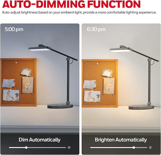 Honeywell LED Desk Lamp for Home Office - H4 Sunturalux™ Eye-Caring Desk Light, 14W Dimmable Table Lamp with 3 Color Modes 5 Brightness Levels, Auto Dimming, Timer, Adjustable Reading Lamp, Gray