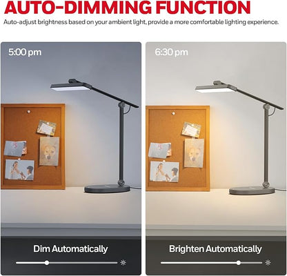 Honeywell LED Desk Lamp for Home Office - H4 Sunturalux™ Eye-Caring Desk Light, 14W Dimmable Table Lamp with 3 Color Modes 5 Brightness Levels, Auto Dimming, Timer, Adjustable Reading Lamp, Gray