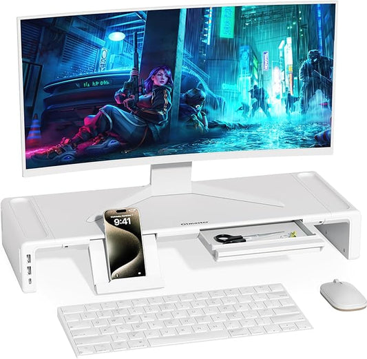 OImatser Monitor Stand Riser 3.0 USB HUB, Type-C Data Port, Foldable Computer Monitor Riser, Adjustable Length Computer Stand and Storage Drawer & Pen Slot, Phone Stand for Computer