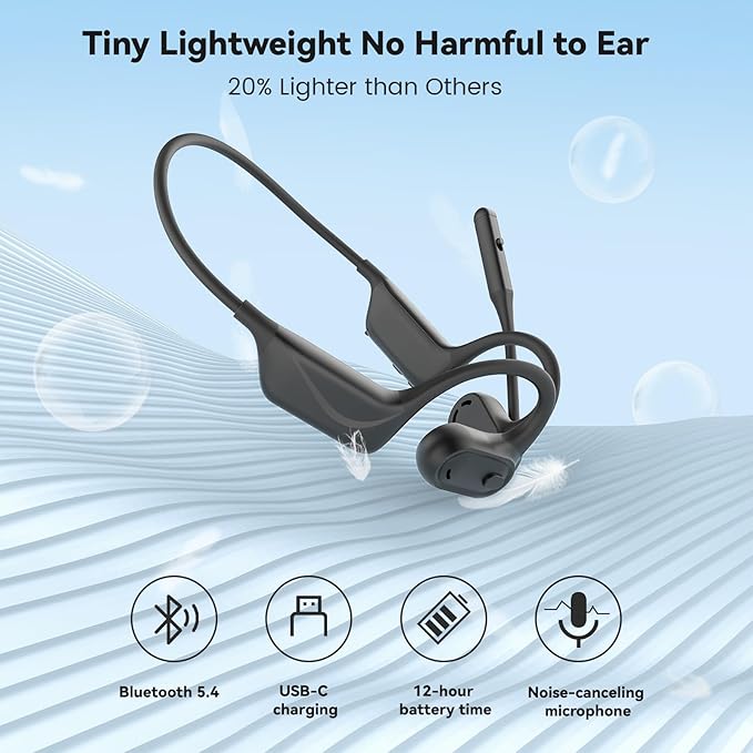 MONODEAL Open Ear Headphones with Mic, Lightweight Bluetooth 5.4 Headset with Microphone Noise Cancelling Mute Button, Wireless Headset Earphones for Work, Driving, Home Office, Workouts