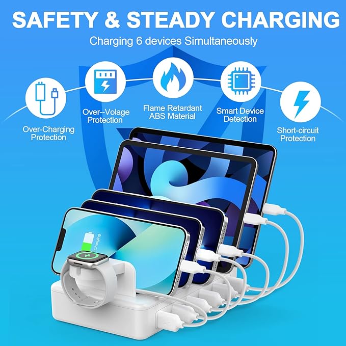 CREATIVE DESIGN Charging Station for Multiple Devices,50W 6 Ports Charging Dock with 6 Cables Compatible with Cellphone,Tablet, Kindle, Apple Watch and Other Electronic