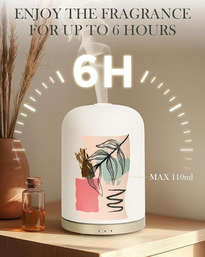 110ML Essential Oil Diffuser with Handmade Ceramic Cover, Aromatherapy Diffuser for Large Room, Quiet Ultrasonic Aroma Diffuser with Auto-Off, Timer, USB Cable, Night Light for Home, Yoga & Office