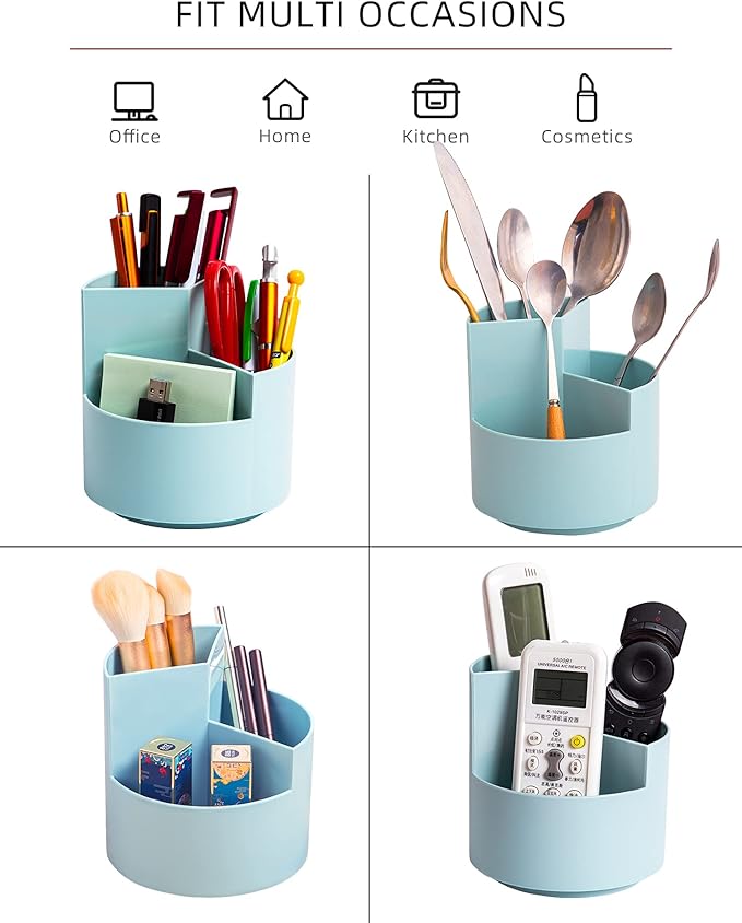 Desk Pencil Pen Holder, 3 Slots 360-Degree Spinning Pencil Pen Desk Organizers, Desktop Storage Pen Organizers Stationery Supplies, Cute Pencil Cup Pot for Office, School, Art Supply - Blue