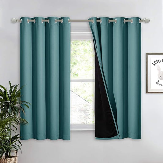 NICETOWN 100% Blackout Curtain with Black Liner, Thermal Insulated 2-Layer Lined Drape, Room Cooling Small Window Drapery for Dining Room (Sea Teal, 1 Panel, 52 inches W by 54 inches L)