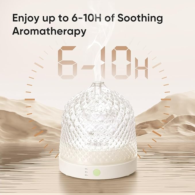 Glass Essential Oil Diffuser, 200ml Ultrasonic Aroma Diffusers with Glass Reservoir Dome & White Plastic Base Lock Color Auto-Off Timer 7 Color Light for Home Office Bedroom Yoga