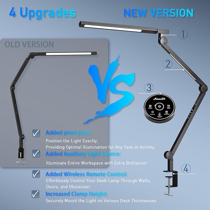 Desk Lamp with Clamp, Eye-Care Swing Arm Desk Lamp, Stepless Dimming & Adjustable Color Temperature Modern Architect Lamp with Memory & Timing Function for Study, Work, Home, Office, 12W