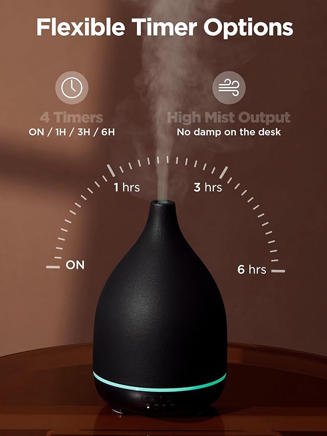 InnoGear Oil Diffuser, 300ML Ceramic Diffuser for Essential Oils Handcrafted Aromatherapy Diffuser Ultrasonic Cool Mist Humidifier with 4 Timers Waterless Auto Off for Room Office, Black