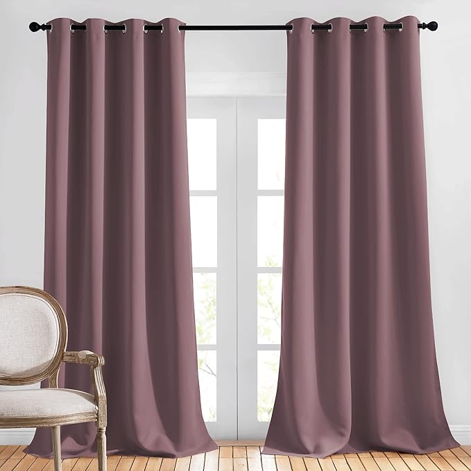 NICETOWN Blackout Dry Rose Curtains for Bedroom - Thermal Insulated Solid Grommet Heat & Sound Blocking Window Treatment Room Darkening Privacy Drapes for Girls Room, 2 Panels, W52 x L108