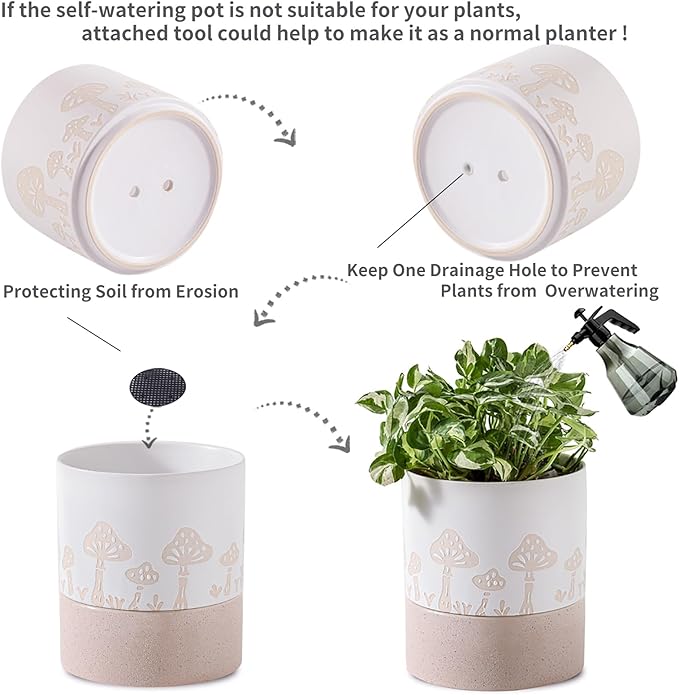 Nihow Self Watering Plant Pot: 6 Inch Ceramic Planter with Drainage Hole & Water Storage Plus for Indoor & Outdoor Plants - Cylinder Round Flower Pot for Succulent/Herbs/Violets - Nature & White