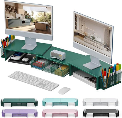 gianotter Dual Monitor Stand Riser, Desk Organizer With Drawer and 2 Pen Holders, Desk Accessories & Workspace Organizers, Monitor Stand for Desk, Office Decor Essentials (Green)