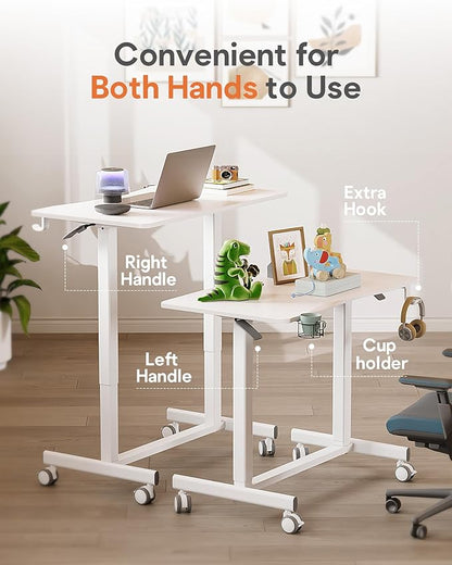 JOY worker Mobile Standing Desk, 35In Small Standing Desk with Curved Desktop, Pneumatic Height Adjustable Rolling Desk Holds Up to 33lbs, White Mobile Laptop Desk with Hook & Cup Holder