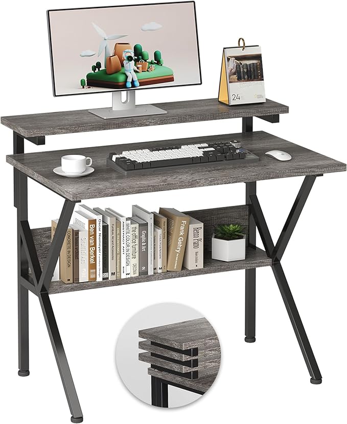 COTUBLR Small Desk, Small Computer Desk for Small Spaces, 27.5 Inch Computer Desk with Adjustable Monitor Stand, Compact Desk with Storage, Tiny Desk Study Desk for Bedroom Home Office, Grey