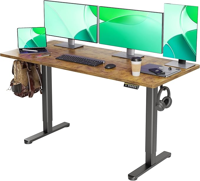 Electric Standing Desk, Adjustable Height Stand up Desk, 63x24 Inches Sit Stand Home Office Desk with Splice Board, Black Frame/Rustic Brown Top