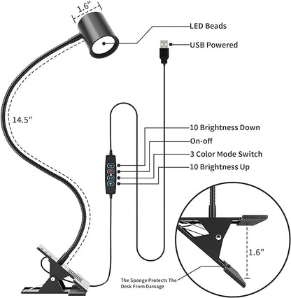 Dott Arts Desk Lamp,USB Clip On Light with 3 Color Modes,LED 10 Levels Brightness Reading Light, 360°Gooseneck Book Light,Eye-Care Reading Lamp for Home Office,Headboards.Adapter Included