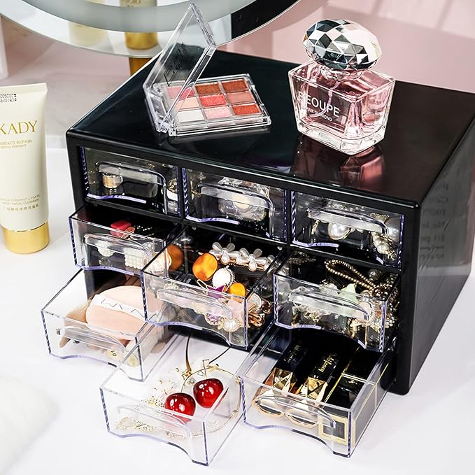 Desk Storage Organizer with 9 Drawers, FODIENS Stackable Desktop Craft Drawer Cabinet, Clear Storage Box Caddy for Makeup Jewelry Office Craft Supplies (9.84×6.3×5.9in) (Black)