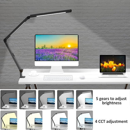 LED Desk Lamp with Clamp, Architect Desk Lamp for Home Office with Remote Control, Swing Arm Clamp on Desk Light, Clip-on Eye-Care Adjustable 5 Brightness Levels Table Light for Working Drafting