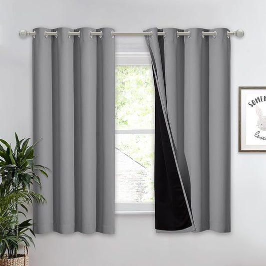 NICETOWN 100% Blackout Curtain with Black Liner, Thermal Insulated Full Blackout 2-Layer Lined Drape, Energy Efficiency Window Drapery for Bedroom (Silver Grey, 1 Panel, 52-inch W by 63-inch L)