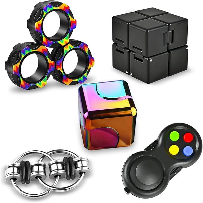 5 Pcs Fidget Toys Adults Set, EDC Cool Desk Gadgets Office Spinner Toys for Teen Kid with Metal Fidgets Infinity Cube Figits Ring Bike Chain ADHD Stress Anxiety Relief Gift for Boys Girls