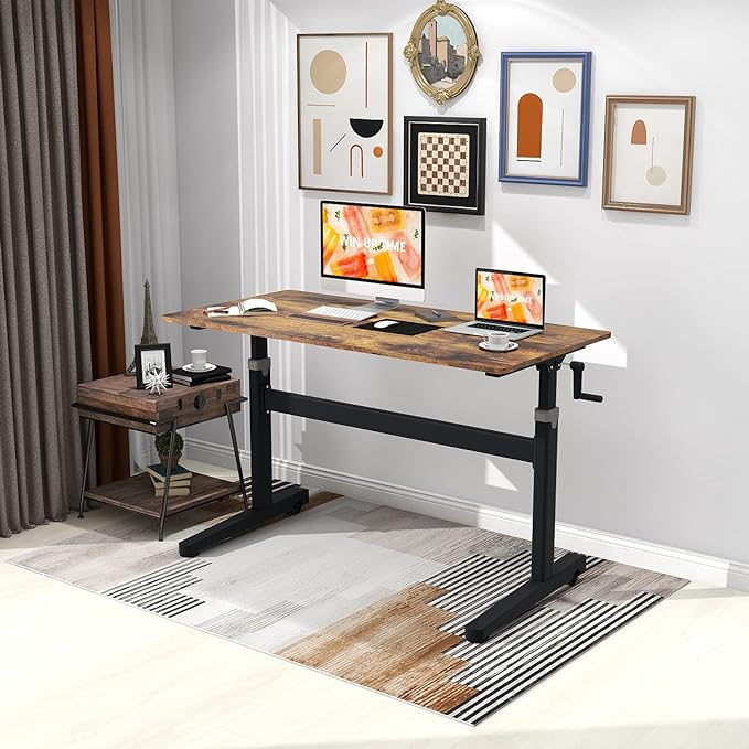 Manual Standing Desk Adjustable Height- Crank Mobile Standing Desk 48 x 24 Inches Sit Stand Desk Frame & Top, Stand Up Desk on Wheels, Computer Desk Black Frame & Rustic Brown