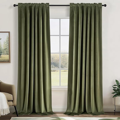 Topfinel Olive Green Velvet Curtains 96 Inches Long, Blackout Moss Green Dark Academia Unique Curtains Suede Boho Luxury Track Back Tab Drapes with Hooks for Living Room Bedroom Winter Christmas Decor